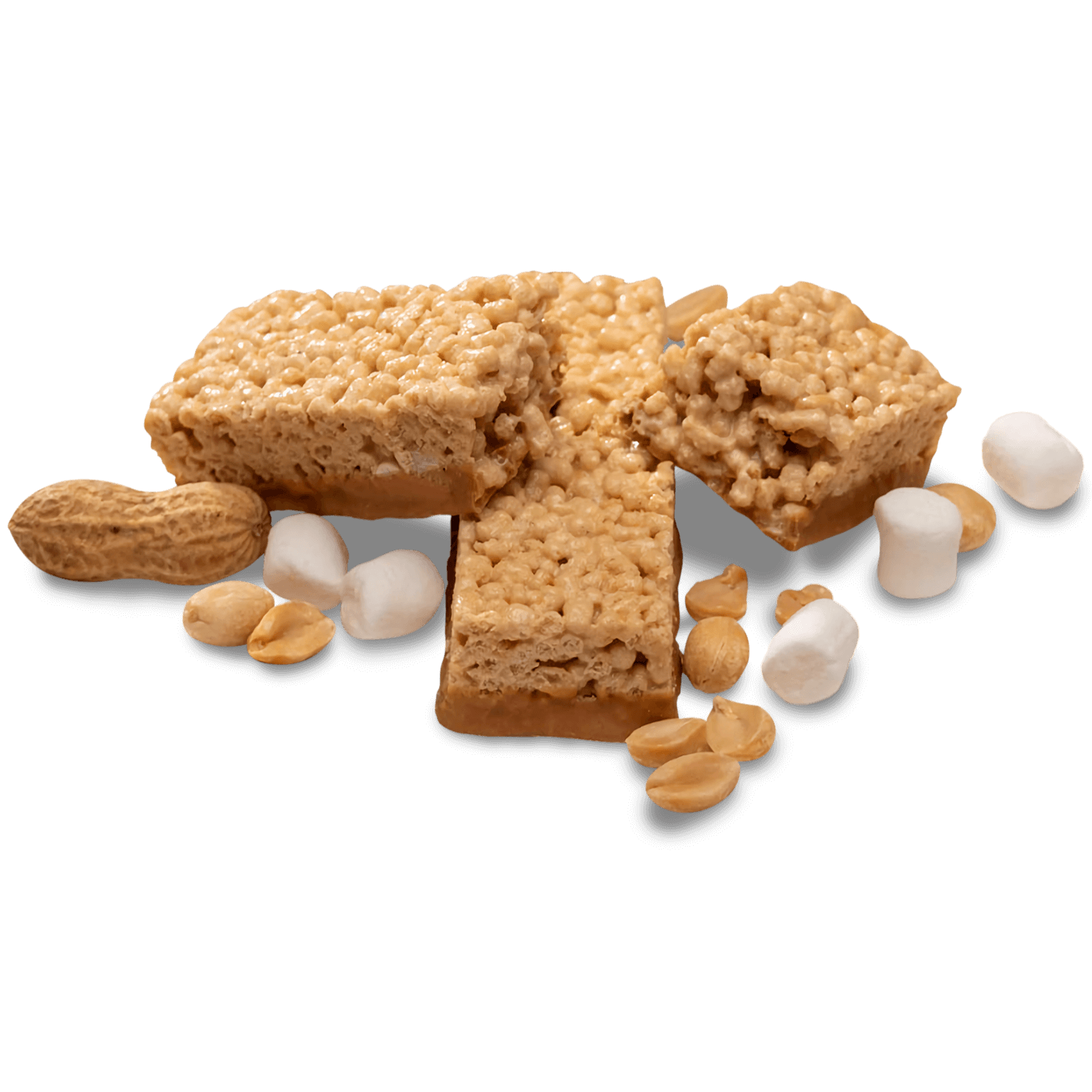 Protein bars made with crispy rice and peanuts, surrounded by marshmallows and nuts.